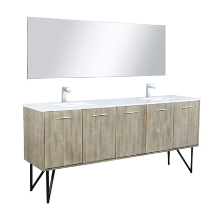 Lancy 80" Rustic Acacia Double Bathroom Vanity, White Quartz Top, White Square Sinks, Labaro Brushed Nickel Faucet Set, and 70" Frameless Mirror - LLC80DKSOSM70FCH