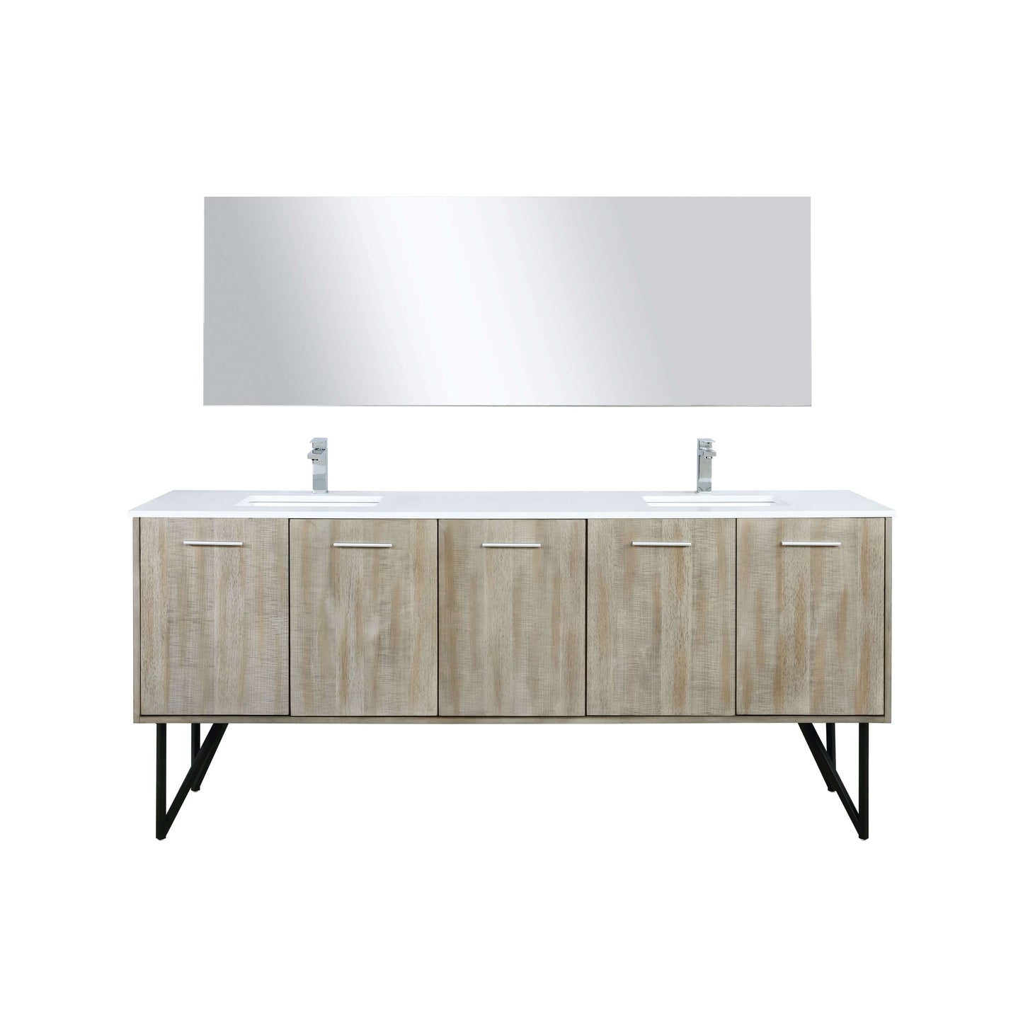 Lancy 80" Rustic Acacia Double Bathroom Vanity, White Quartz Top, White Square Sinks, Labaro Brushed Nickel Faucet Set, and 70" Frameless Mirror - LLC80DKSOSM70FCH