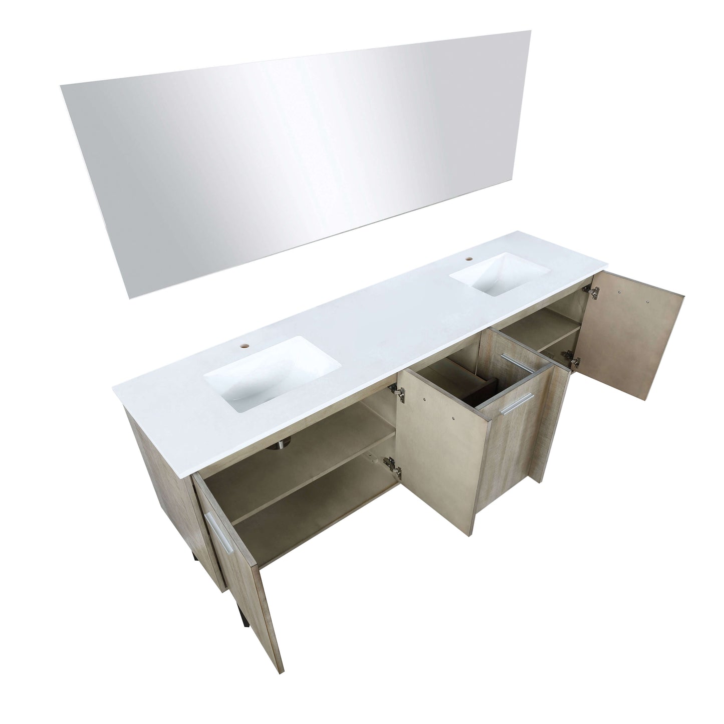 Lancy 80" Rustic Acacia Double Bathroom Vanity, White Quartz Top, White Square Sinks, and 70" Frameless Mirror - LLC80DKSOSM70