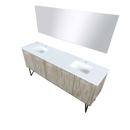 Lancy 80" Rustic Acacia Double Bathroom Vanity, White Quartz Top, White Square Sinks, and 70" Frameless Mirror - LLC80DKSOSM70