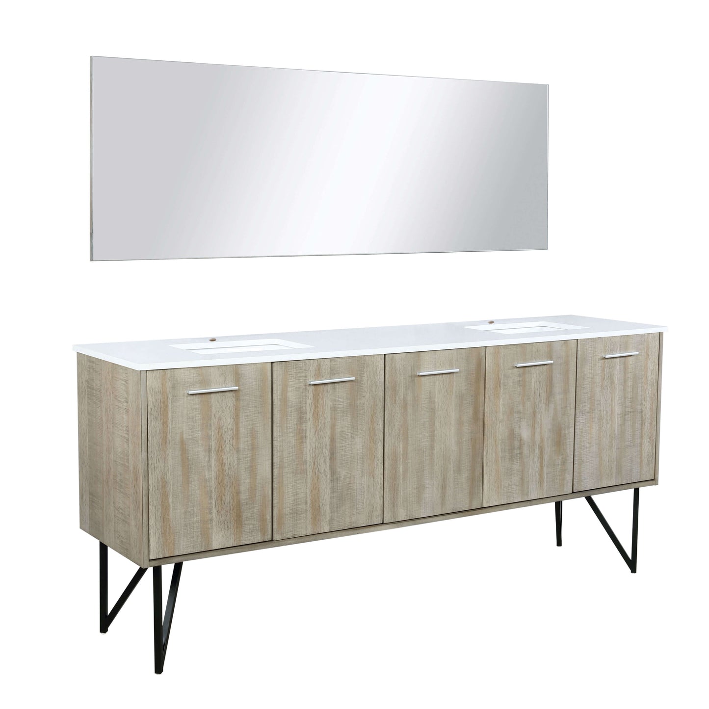 Lancy 80" Rustic Acacia Double Bathroom Vanity, White Quartz Top, White Square Sinks, and 70" Frameless Mirror - LLC80DKSOSM70