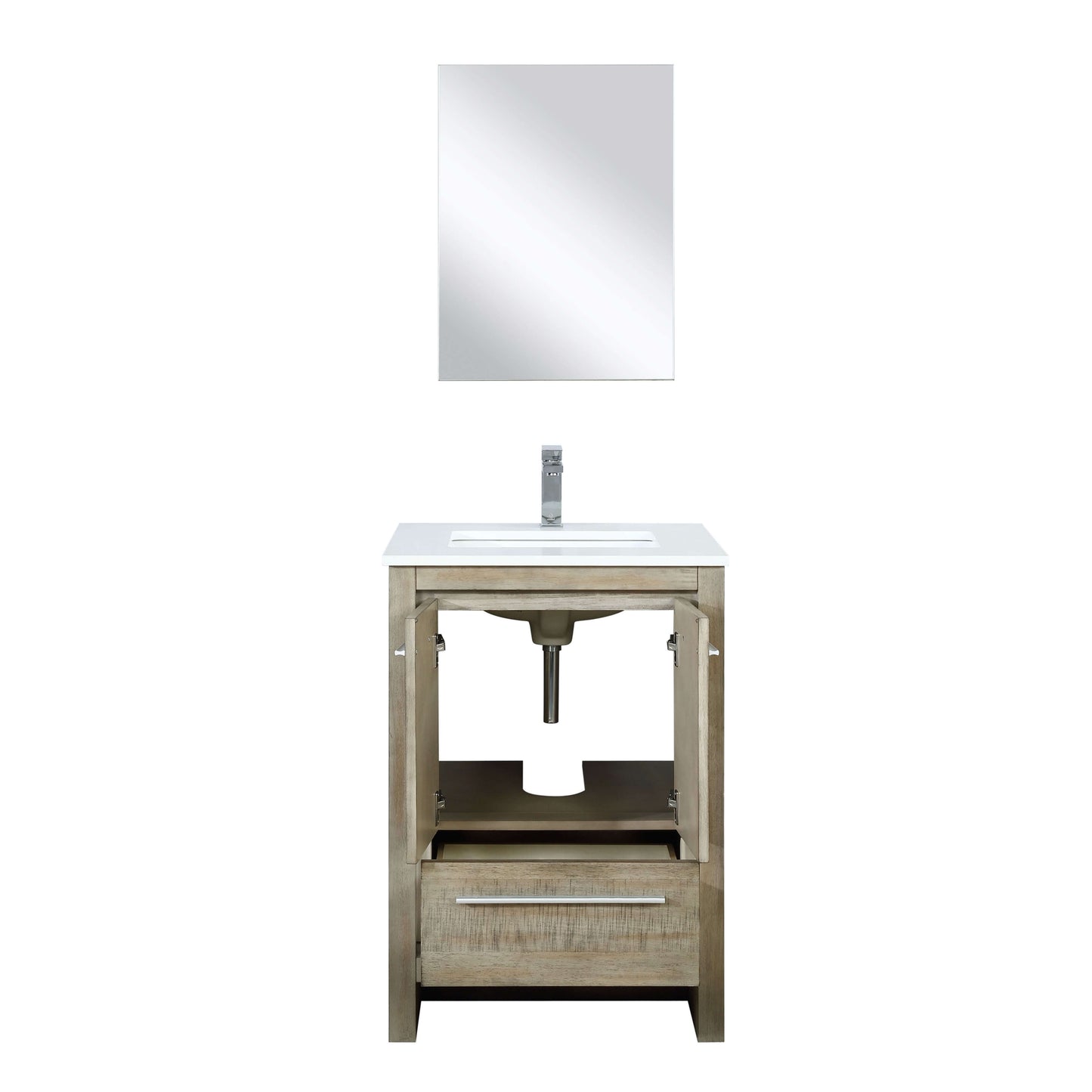 Lafarre 24" Rustic Acacia Bathroom Vanity, White Quartz Top, White Square Sink, Labaro Brushed Nickel Faucet Set, and 18" Frameless Mirror - LLF24SKSOSM18FCH