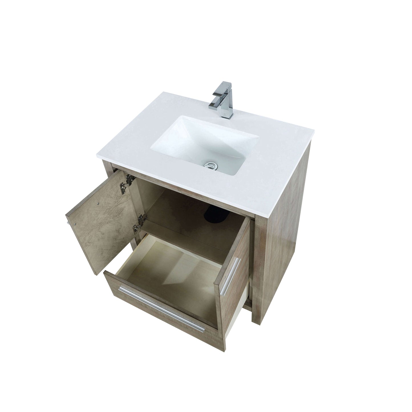 Lafarre 30" Rustic Acacia Bathroom Vanity, White Quartz Top, White Square Sink, and Labaro Brushed Nickel Faucet Set - LLF30SKSOS000FCH