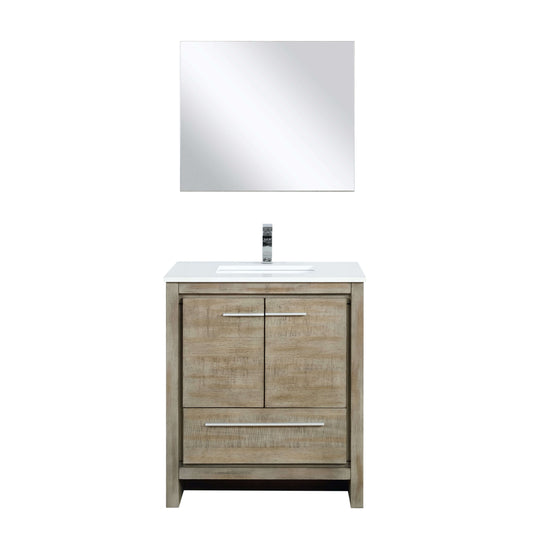 Lafarre 30" Rustic Acacia Bathroom Vanity, White Quartz Top, White Square Sink, Labaro Brushed Nickel Faucet Set, and 28" Frameless Mirror - LLF30SKSOSM28FCH