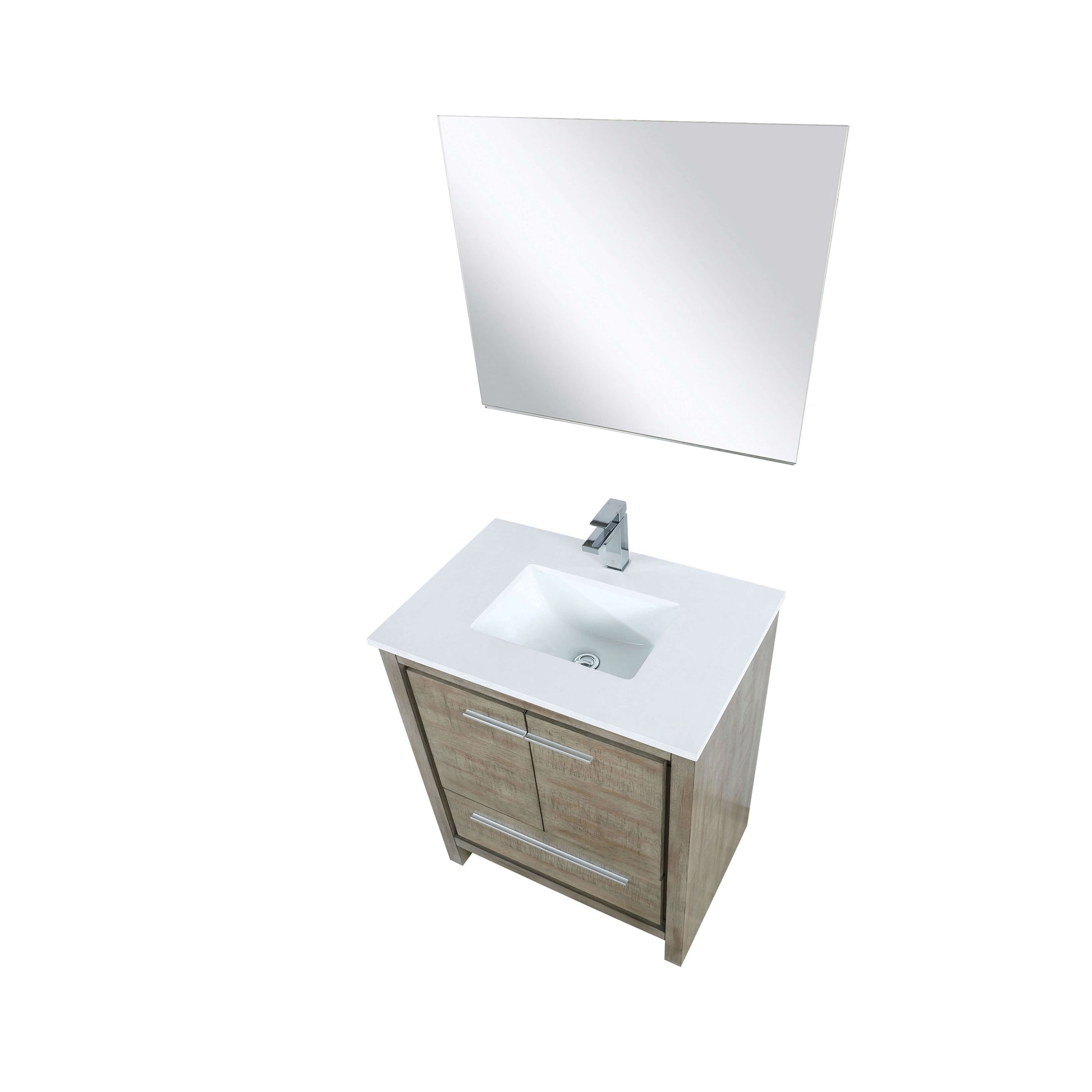 Lafarre 30" Rustic Acacia Bathroom Vanity, White Quartz Top, White Square Sink, Labaro Brushed Nickel Faucet Set, and 28" Frameless Mirror - LLF30SKSOSM28FCH