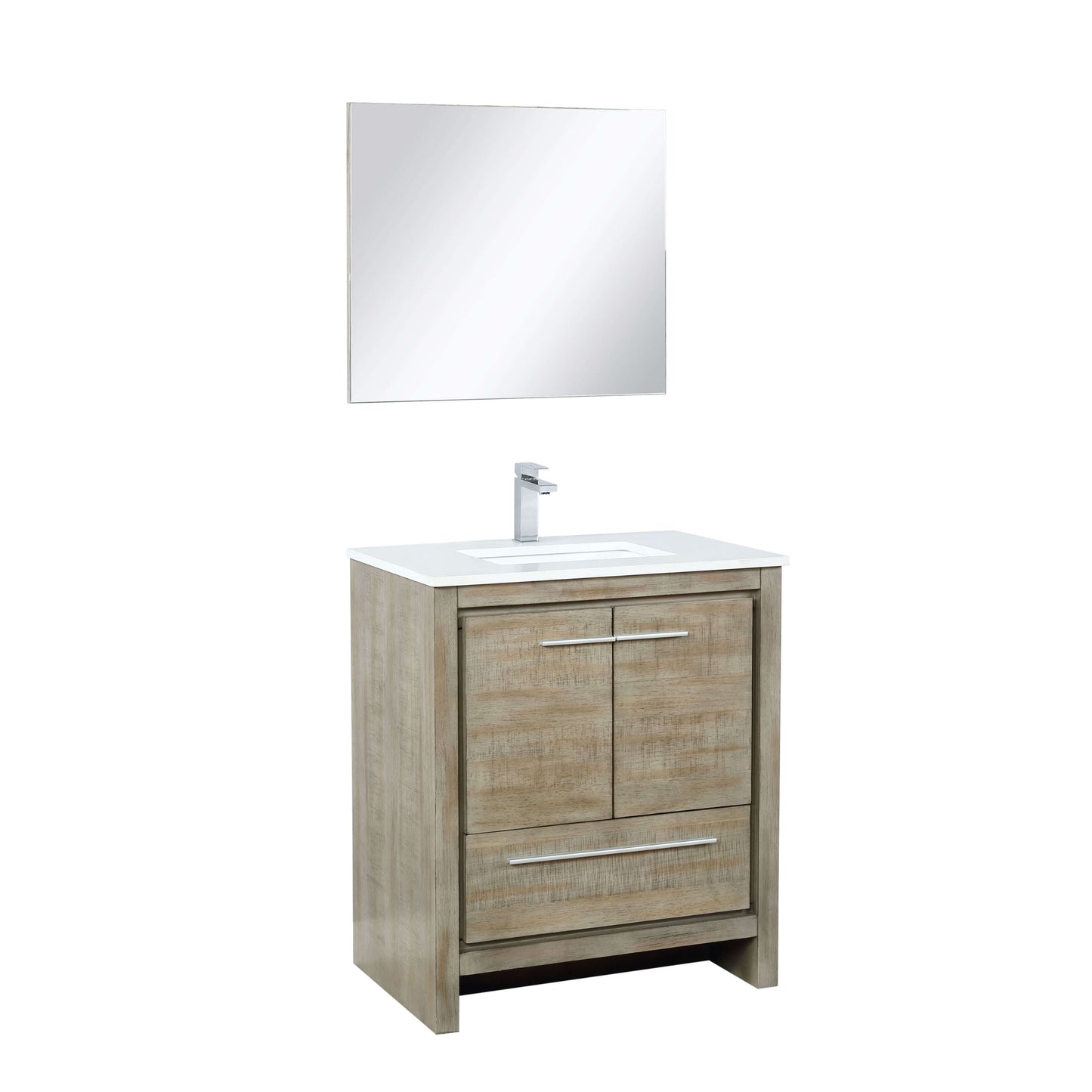 Lafarre 30" Rustic Acacia Bathroom Vanity, White Quartz Top, White Square Sink, Labaro Brushed Nickel Faucet Set, and 28" Frameless Mirror - LLF30SKSOSM28FCH