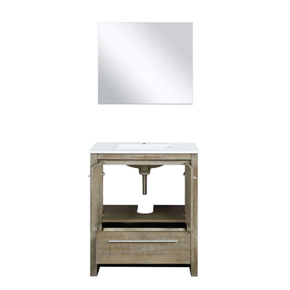 Lafarre 30" Rustic Acacia Bathroom Vanity, White Quartz Top, White Square Sink, and 28" Frameless Mirror - LLF30SKSOSM28