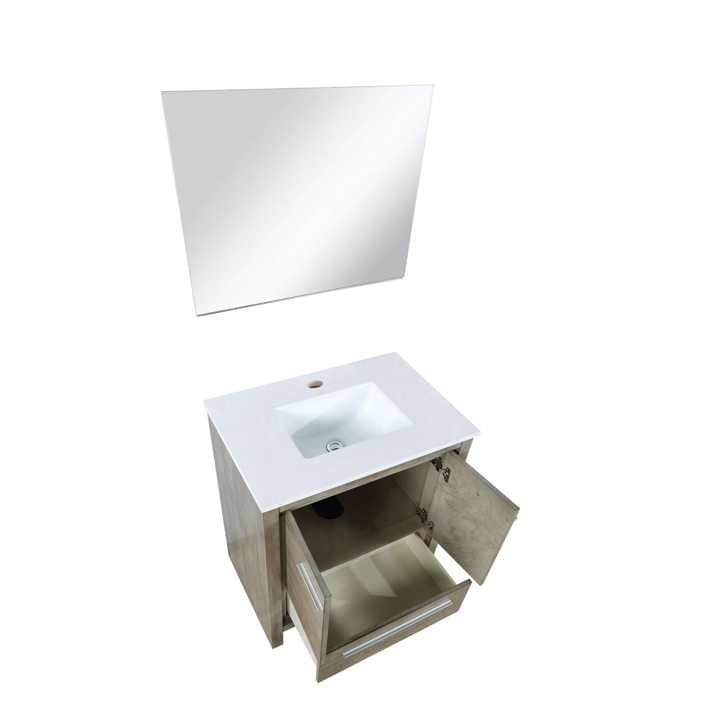 Lafarre 30" Rustic Acacia Bathroom Vanity, White Quartz Top, White Square Sink, and 28" Frameless Mirror - LLF30SKSOSM28