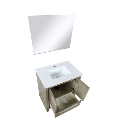 Lafarre 30" Rustic Acacia Bathroom Vanity, White Quartz Top, White Square Sink, and 28" Frameless Mirror - LLF30SKSOSM28