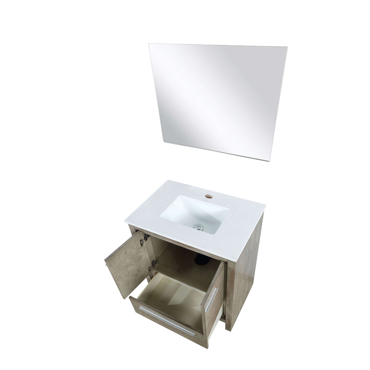 Lafarre 30" Rustic Acacia Bathroom Vanity, White Quartz Top, White Square Sink, and 28" Frameless Mirror - LLF30SKSOSM28