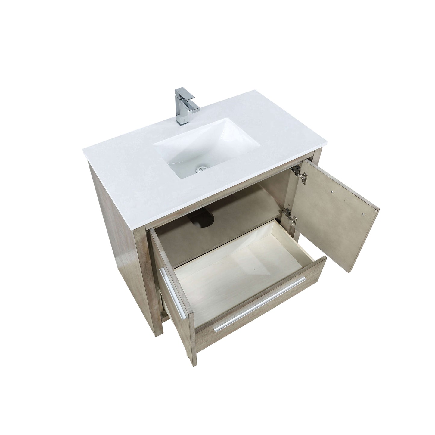 Lafarre 36" Rustic Acacia Bathroom Vanity, White Quartz Top, White Square Sink, and Labaro Brushed Nickel Faucet Set - LLF36SKSOS000FCH