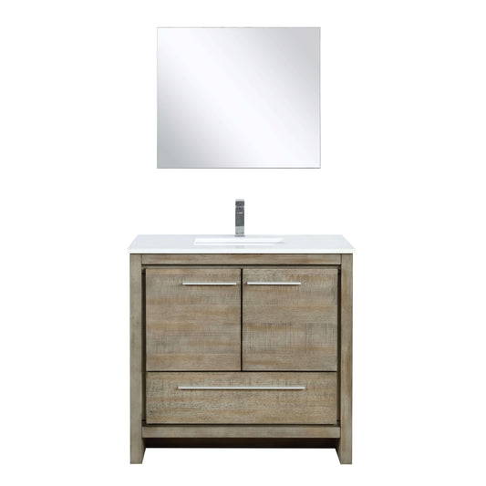 Lafarre 36" Rustic Acacia Bathroom Vanity, White Quartz Top, White Square Sink, Labaro Brushed Nickel Faucet Set, and 28" Frameless Mirror - LLF36SKSOSM28FCH