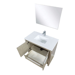 Lafarre 36" Rustic Acacia Bathroom Vanity, White Quartz Top, White Square Sink, Labaro Brushed Nickel Faucet Set, and 28" Frameless Mirror - LLF36SKSOSM28FCH