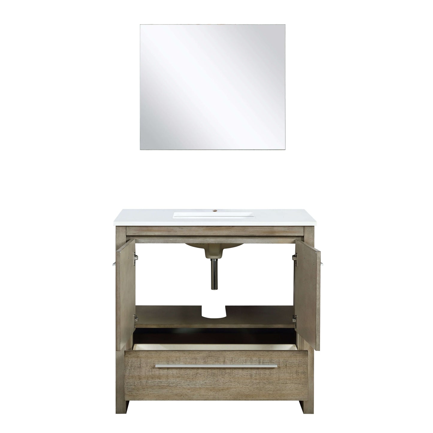 Lafarre 36" Rustic Acacia Bathroom Vanity, White Quartz Top, White Square Sink, and 28" Frameless Mirror - LLF36SKSOSM28