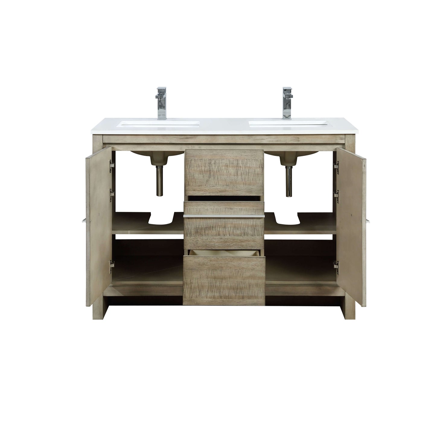 Lafarre 48" Rustic Acacia Double Bathroom Vanity, White Quartz Top, White Square Sink, and Labaro Brushed Nickel Faucet Set - LLF48SKSOS000FCH