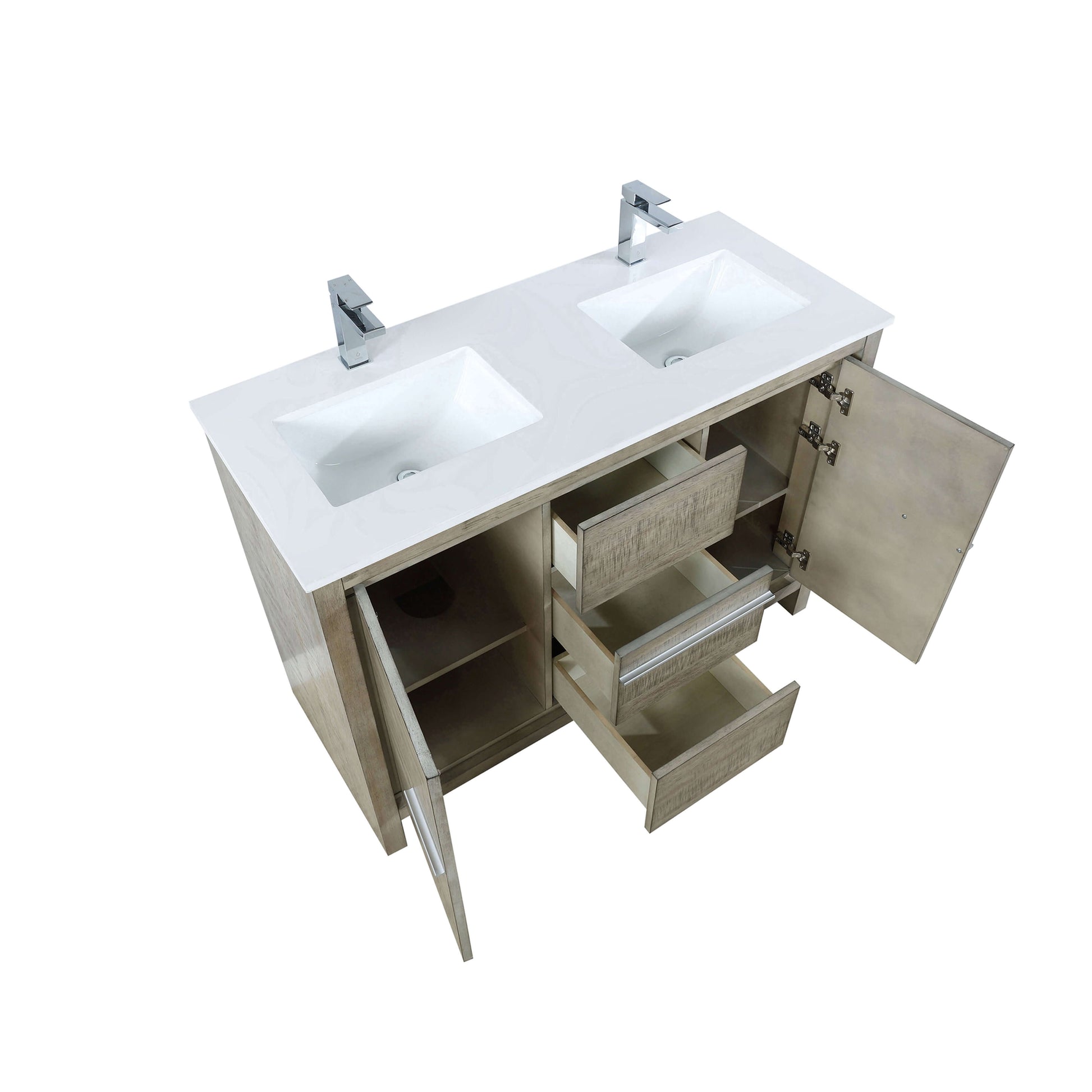 Lafarre 48" Rustic Acacia Double Bathroom Vanity, White Quartz Top, White Square Sink, and Labaro Brushed Nickel Faucet Set - LLF48SKSOS000FCH