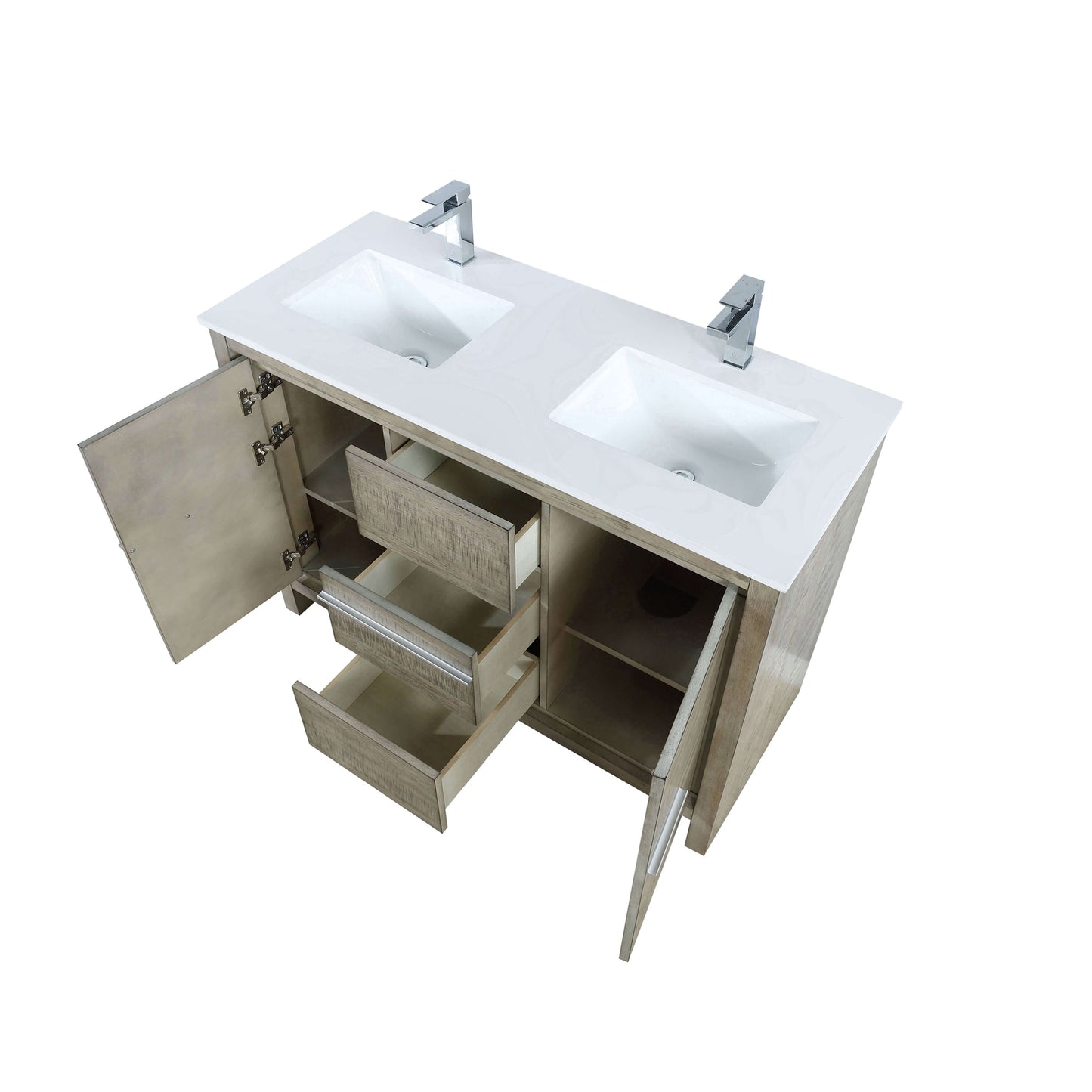 Lafarre 48" Rustic Acacia Double Bathroom Vanity, White Quartz Top, White Square Sink, and Labaro Brushed Nickel Faucet Set - LLF48SKSOS000FCH