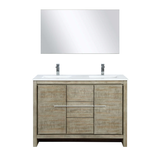 Lafarre 48" Rustic Acacia Double Bathroom Vanity, White Quartz Top, White Square Sink, Labaro Brushed Nickel Faucet Set, and 43" Frameless Mirror - LLF48SKSOSM43FCH