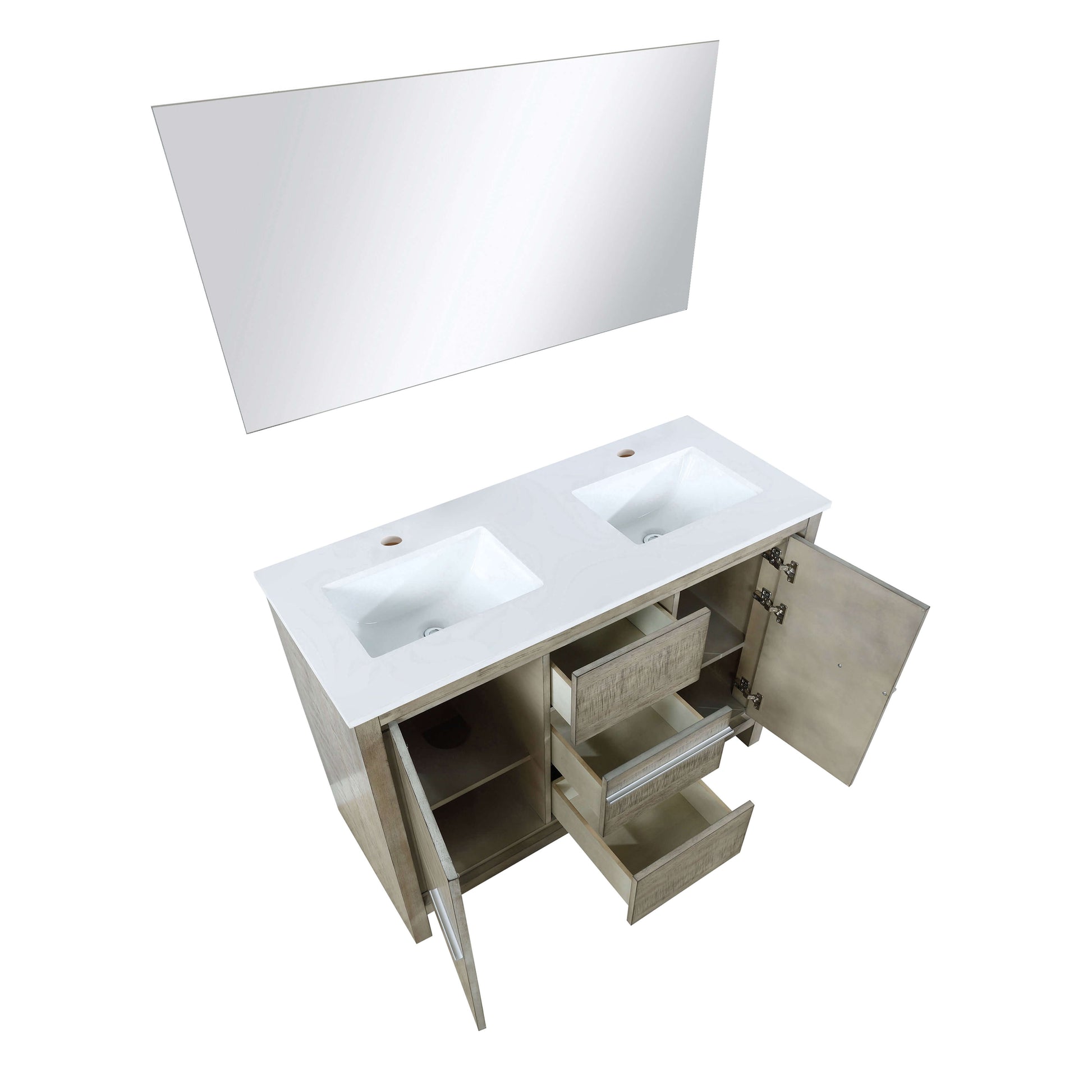 Lafarre 48" Rustic Acacia Double Bathroom Vanity, White Quartz Top, White Square Sink, and 43" Frameless Mirror - LLF48SKSOSM43