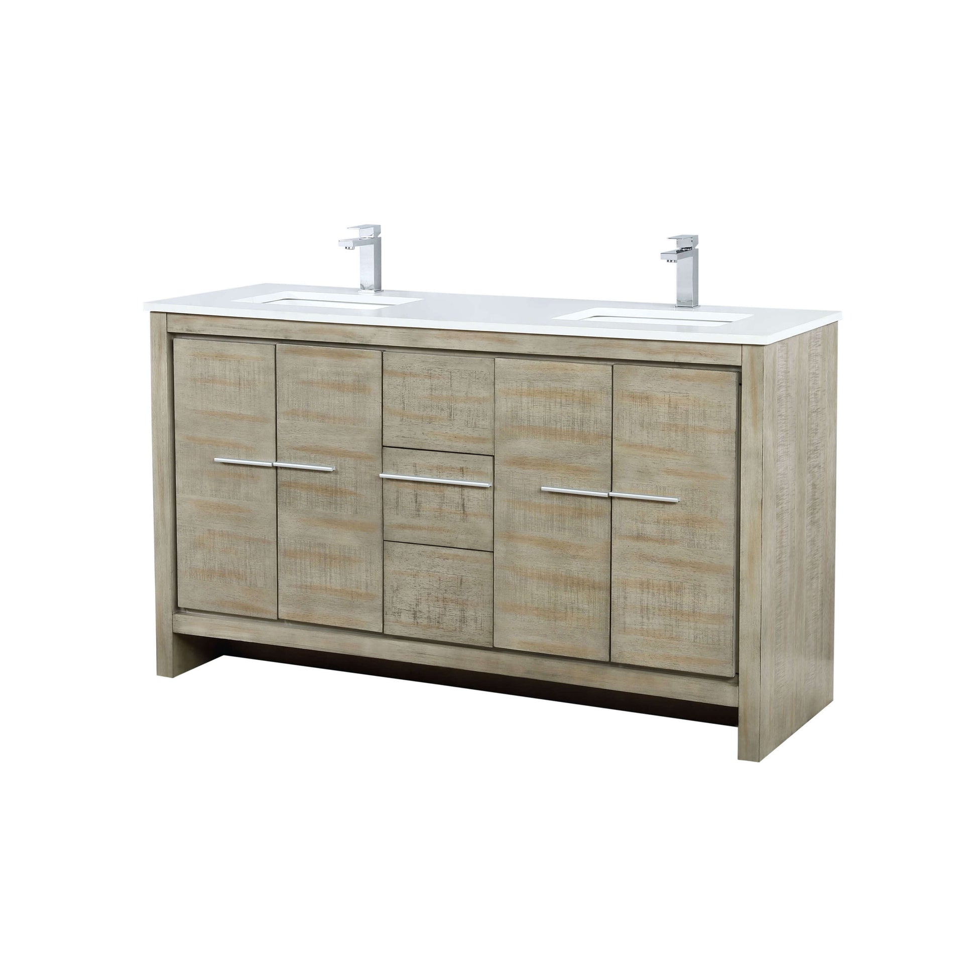 Lafarre 60" Rustic Acacia Double Bathroom Vanity, White Quartz Top, White Square Sinks, and Labaro Brushed Nickel Faucet Set - LLF60DKSOD000FCH