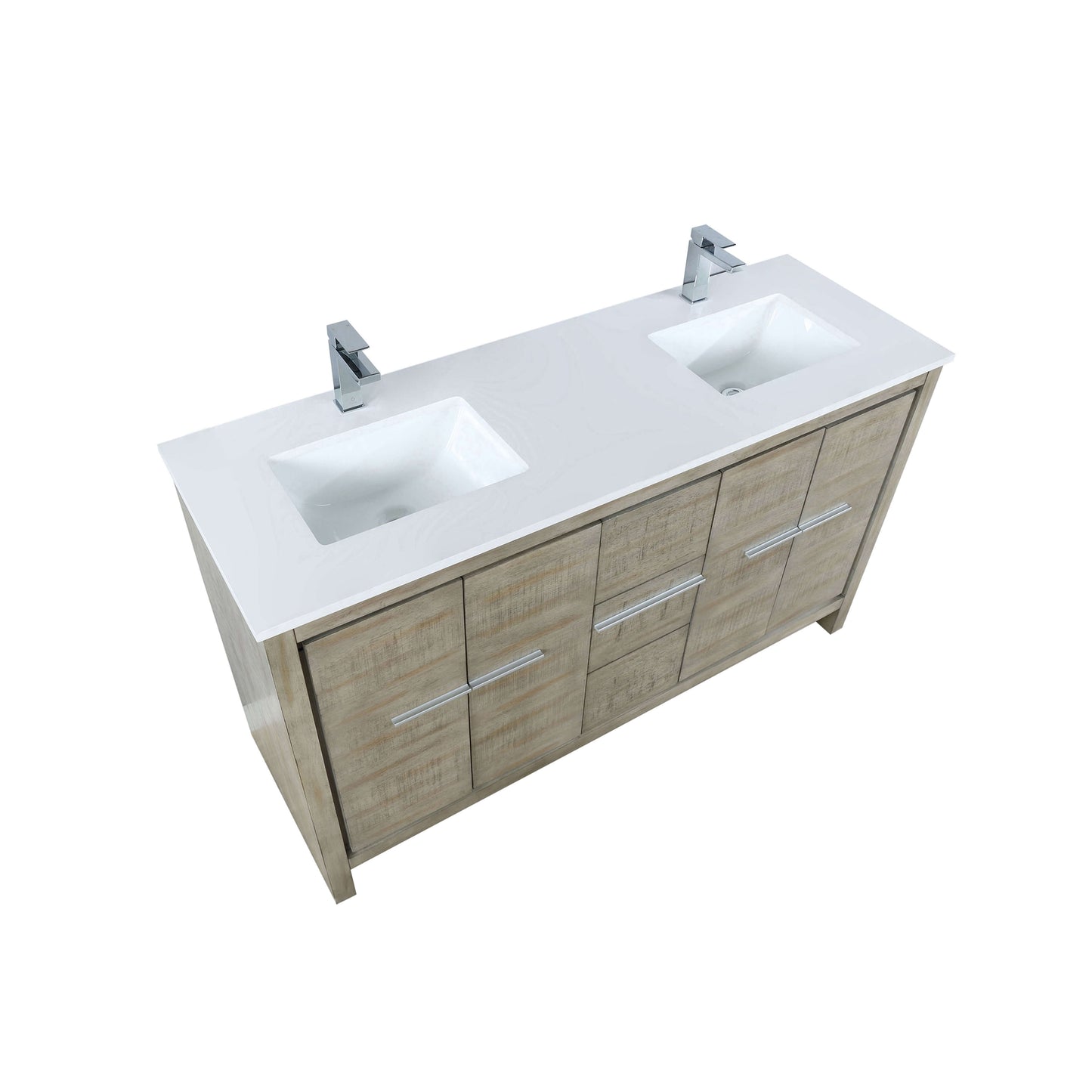 Lafarre 60" Rustic Acacia Double Bathroom Vanity, White Quartz Top, White Square Sinks, and Labaro Brushed Nickel Faucet Set - LLF60DKSOD000FCH