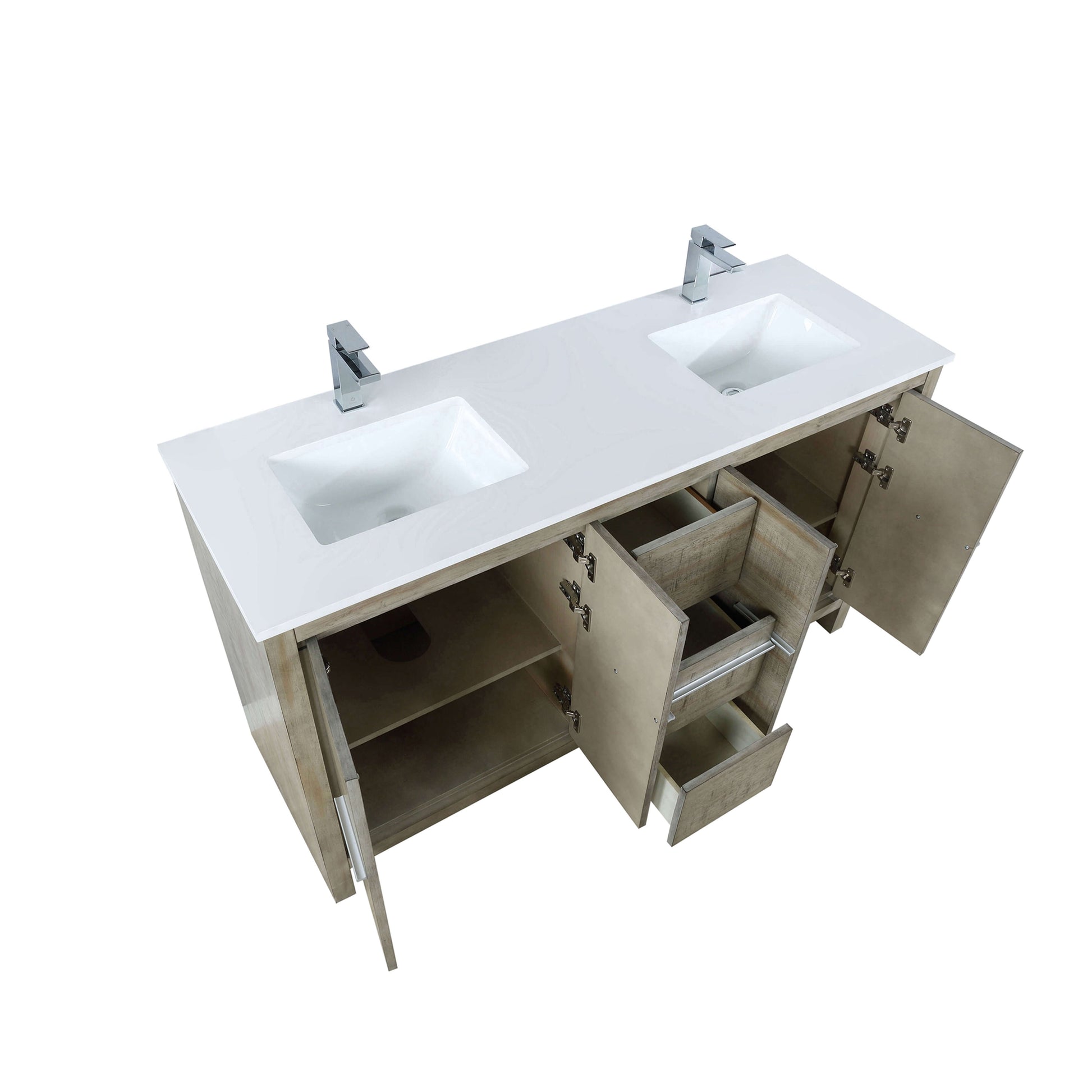 Lafarre 60" Rustic Acacia Double Bathroom Vanity, White Quartz Top, White Square Sinks, and Labaro Brushed Nickel Faucet Set - LLF60DKSOD000FCH