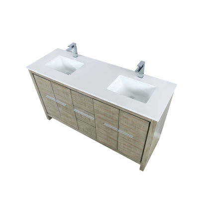 Lafarre 60" Rustic Acacia Double Bathroom Vanity, White Quartz Top, White Square Sinks, and Labaro Brushed Nickel Faucet Set - LLF60DKSOD000FCH