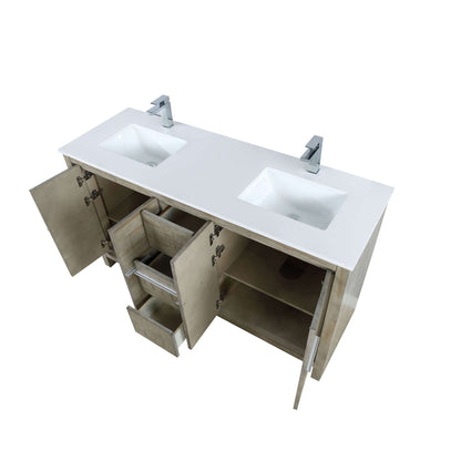 Lafarre 60" Rustic Acacia Double Bathroom Vanity, White Quartz Top, White Square Sinks, and Labaro Brushed Nickel Faucet Set - LLF60DKSOD000FCH