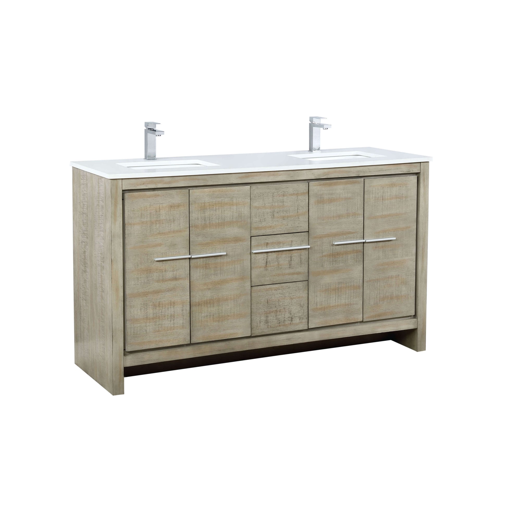 Lafarre 60" Rustic Acacia Double Bathroom Vanity, White Quartz Top, White Square Sinks, and Labaro Brushed Nickel Faucet Set - LLF60DKSOD000FCH