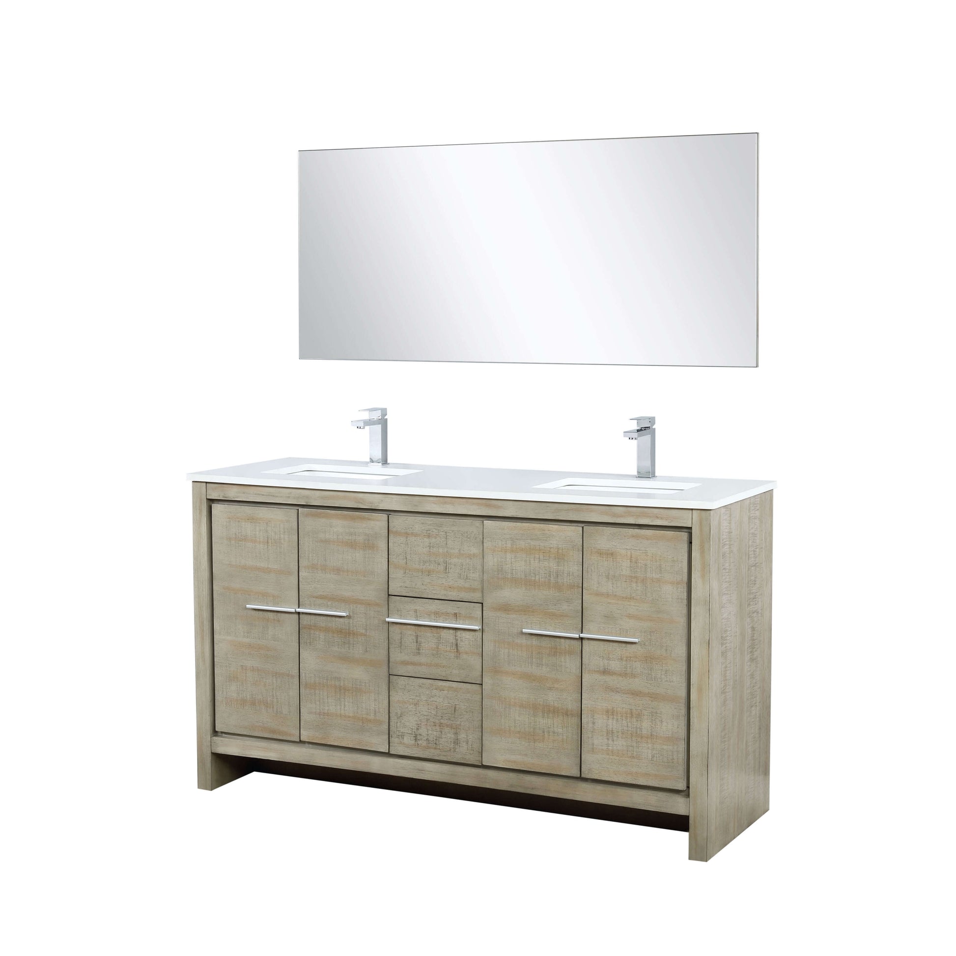 Lafarre 60" Rustic Acacia Double Bathroom Vanity, White Quartz Top, White Square Sinks, Labaro Brushed Nickel Faucet Set, and 55" Frameless Mirror - LLF60DKSODM55FCH