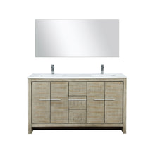 Load image into Gallery viewer, Lafarre 60&quot; Rustic Acacia Double Bathroom Vanity, White Quartz Top, White Square Sinks, Labaro Brushed Nickel Faucet Set, and 55&quot; Frameless Mirror - LLF60DKSODM55FCH