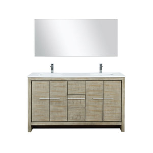 Lafarre 60" Rustic Acacia Double Bathroom Vanity, White Quartz Top, White Square Sinks, Labaro Brushed Nickel Faucet Set, and 55" Frameless Mirror - LLF60DKSODM55FCH