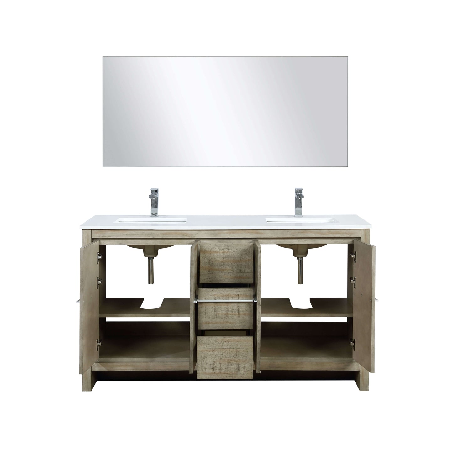 Lafarre 60" Rustic Acacia Double Bathroom Vanity, White Quartz Top, White Square Sinks, Labaro Brushed Nickel Faucet Set, and 55" Frameless Mirror - LLF60DKSODM55FCH