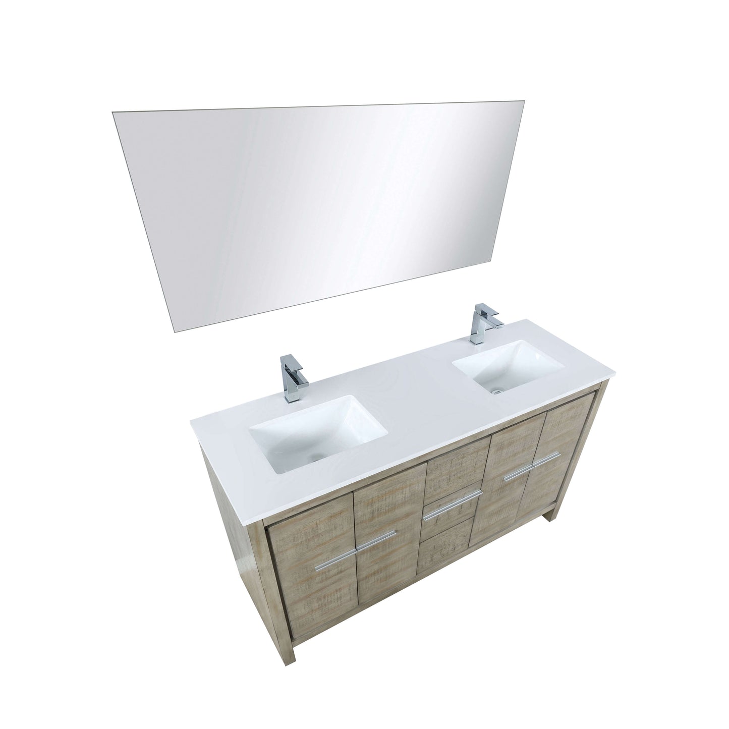 Lafarre 60" Rustic Acacia Double Bathroom Vanity, White Quartz Top, White Square Sinks, Labaro Brushed Nickel Faucet Set, and 55" Frameless Mirror - LLF60DKSODM55FCH