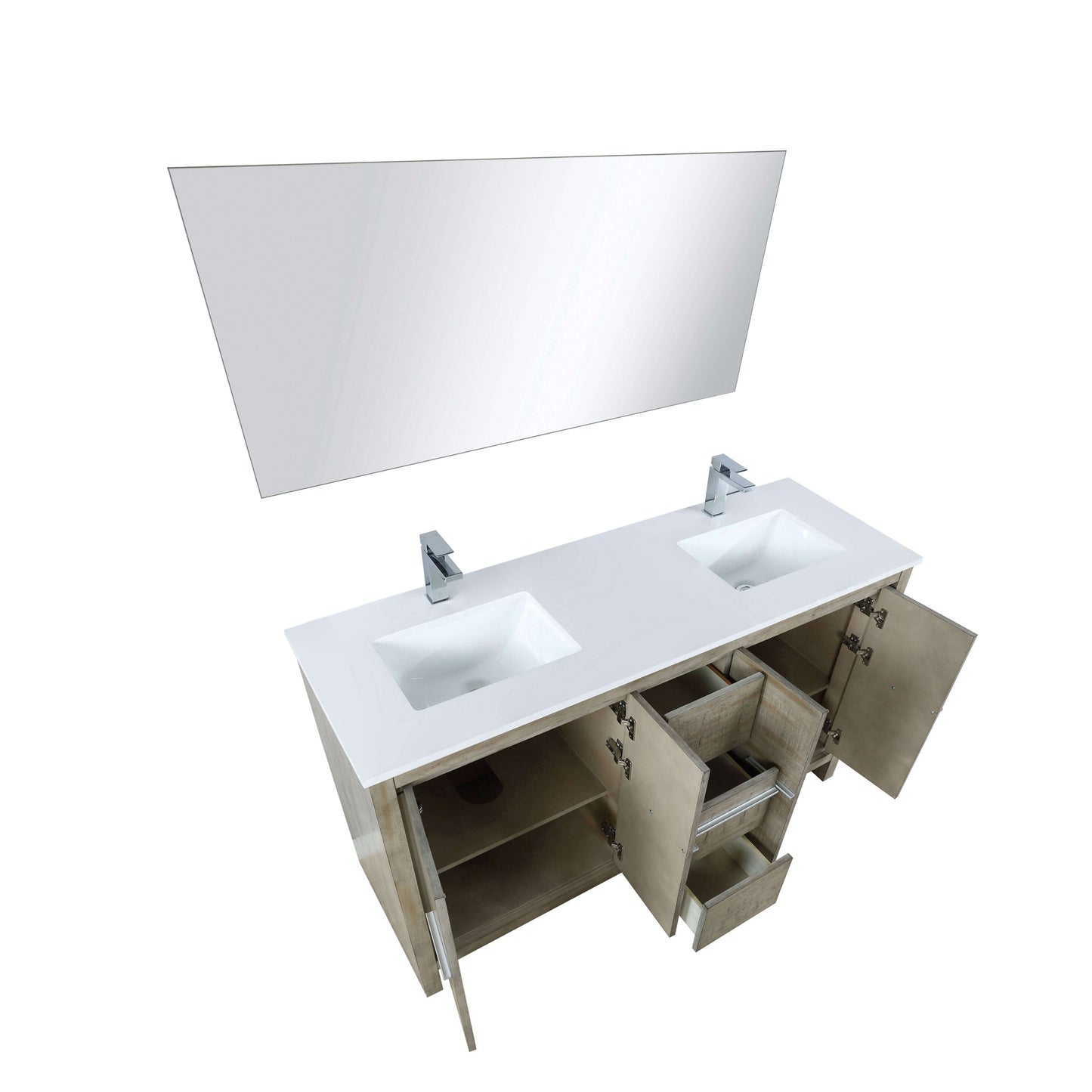 Lafarre 60" Rustic Acacia Double Bathroom Vanity, White Quartz Top, White Square Sinks, Labaro Brushed Nickel Faucet Set, and 55" Frameless Mirror - LLF60DKSODM55FCH