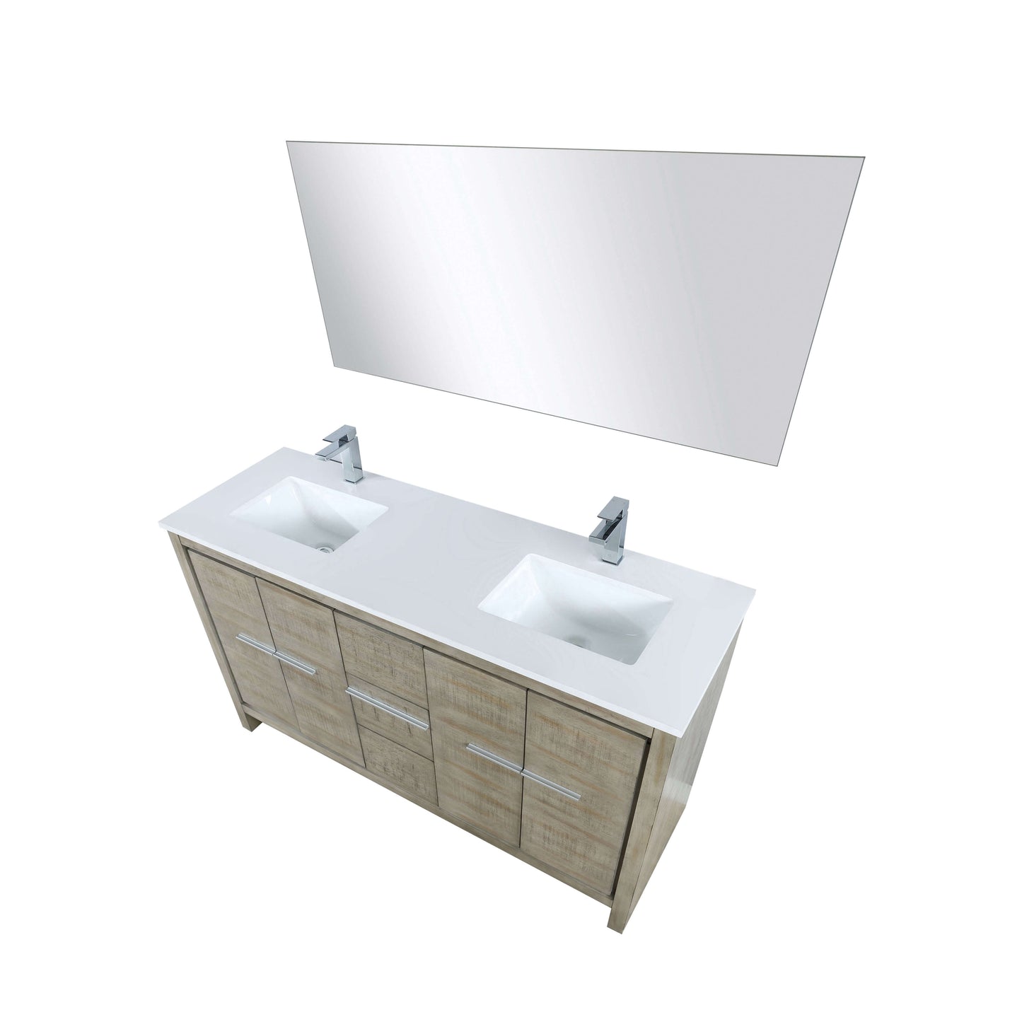 Lafarre 60" Rustic Acacia Double Bathroom Vanity, White Quartz Top, White Square Sinks, Labaro Brushed Nickel Faucet Set, and 55" Frameless Mirror - LLF60DKSODM55FCH