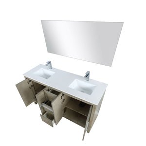 Lafarre 60" Rustic Acacia Double Bathroom Vanity, White Quartz Top, White Square Sinks, Labaro Brushed Nickel Faucet Set, and 55" Frameless Mirror - LLF60DKSODM55FCH