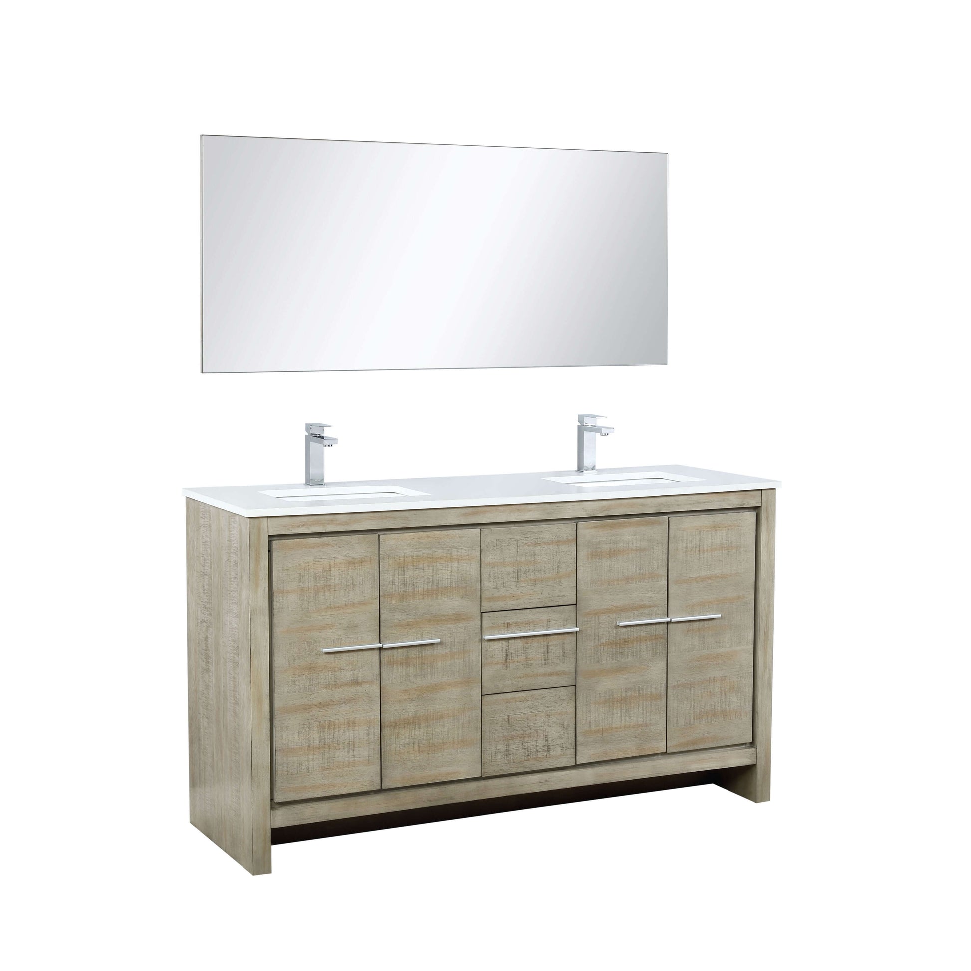 Lafarre 60" Rustic Acacia Double Bathroom Vanity, White Quartz Top, White Square Sinks, Labaro Brushed Nickel Faucet Set, and 55" Frameless Mirror - LLF60DKSODM55FCH