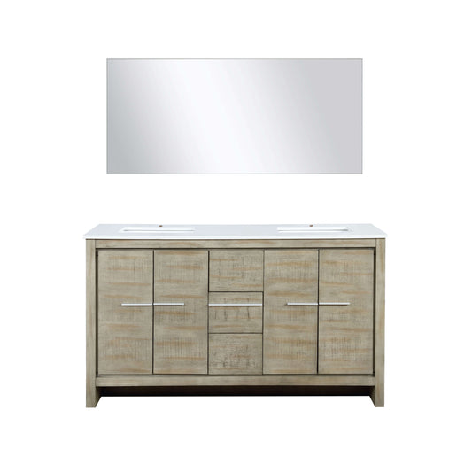 Lafarre 60" Rustic Acacia Double Bathroom Vanity, White Quartz Top, White Square Sinks, and 55" Frameless Mirror - LLF60DKSODM55