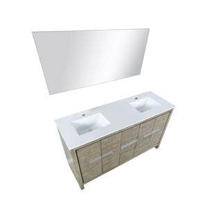 Lafarre 60" Rustic Acacia Double Bathroom Vanity, White Quartz Top, White Square Sinks, and 55" Frameless Mirror - LLF60DKSODM55