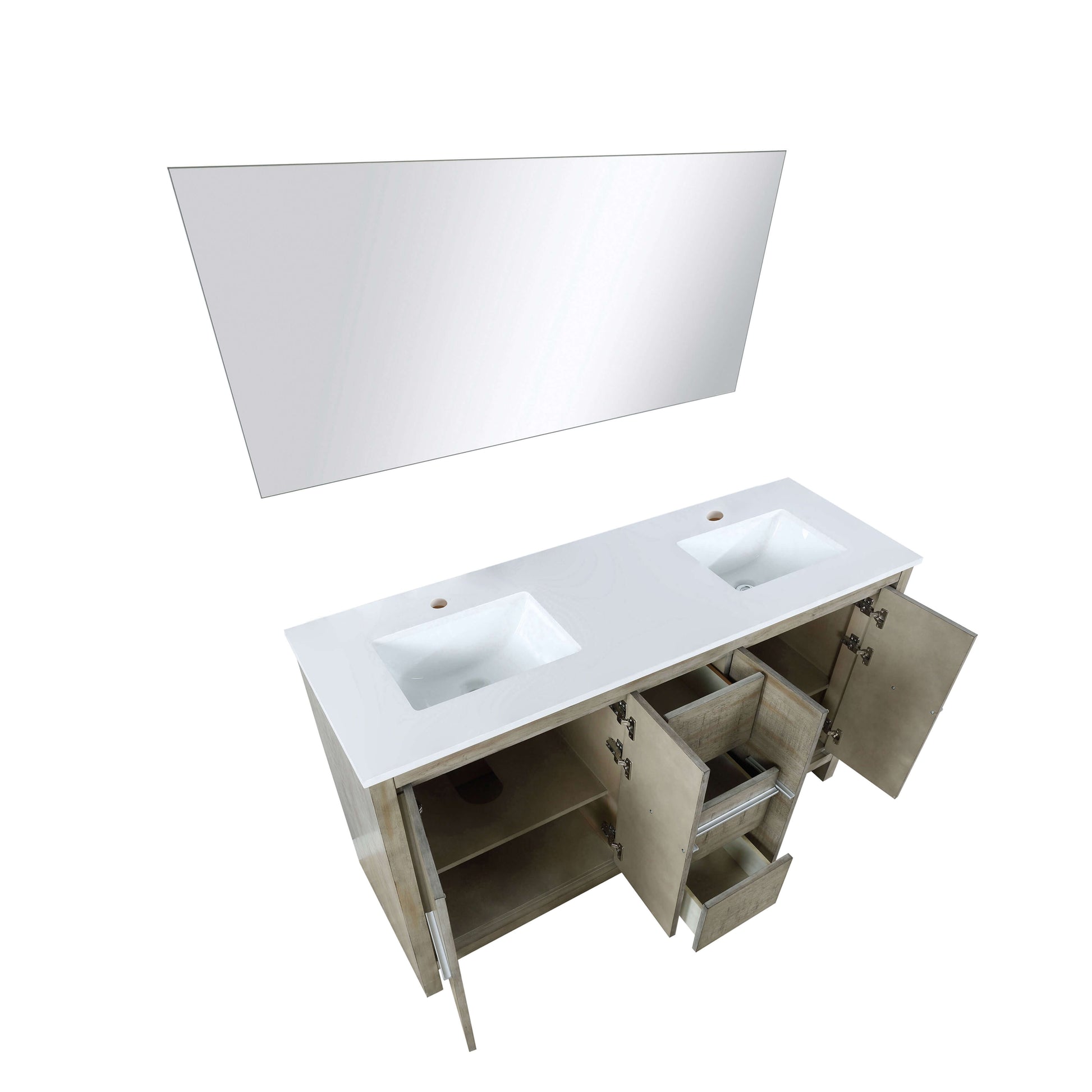 Lafarre 60" Rustic Acacia Double Bathroom Vanity, White Quartz Top, White Square Sinks, and 55" Frameless Mirror - LLF60DKSODM55