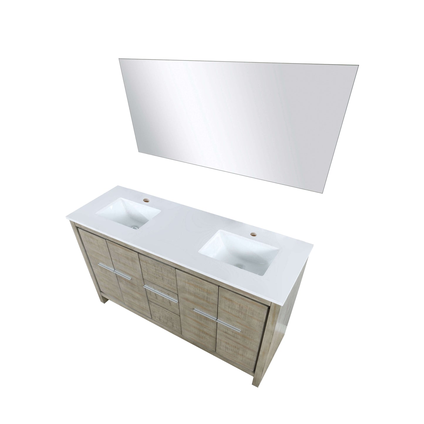 Lafarre 60" Rustic Acacia Double Bathroom Vanity, White Quartz Top, White Square Sinks, and 55" Frameless Mirror - LLF60DKSODM55