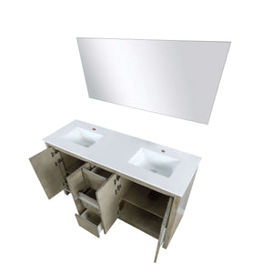 Lafarre 60" Rustic Acacia Double Bathroom Vanity, White Quartz Top, White Square Sinks, and 55" Frameless Mirror - LLF60DKSODM55
