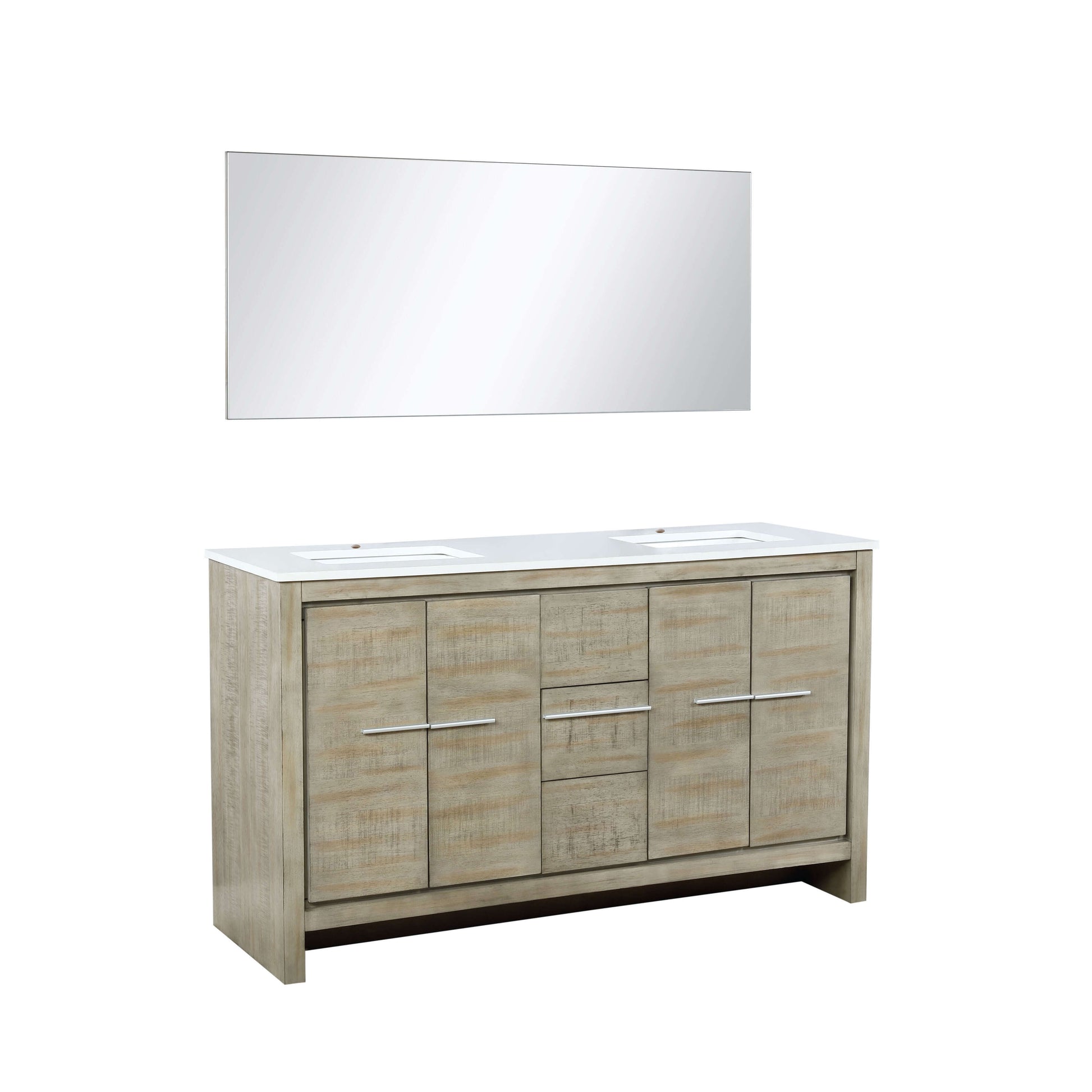 Lafarre 60" Rustic Acacia Double Bathroom Vanity, White Quartz Top, White Square Sinks, and 55" Frameless Mirror - LLF60DKSODM55