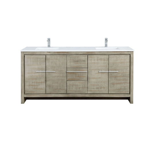 Lafarre 72" Rustic Acacia Double Bathroom Vanity, White Quartz Top, White Square Sinks, and Labaro Brushed Nickel Faucet Set - LLF72DKSOD000FCH