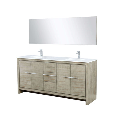 Lafarre 72" Rustic Acacia Double Bathroom Vanity, White Quartz Top, White Square Sinks, Labaro Brushed Nickel Faucet Set, and 70" Frameless Mirror - LLF72DKSODM70FCH