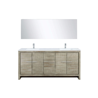 Lafarre 72" Rustic Acacia Double Bathroom Vanity, White Quartz Top, White Square Sinks, Labaro Brushed Nickel Faucet Set, and 70" Frameless Mirror - LLF72DKSODM70FCH