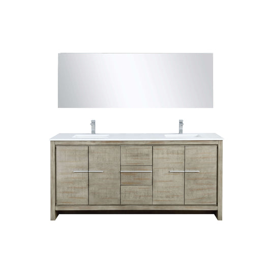 Lafarre 72" Rustic Acacia Double Bathroom Vanity, White Quartz Top, White Square Sinks, Labaro Brushed Nickel Faucet Set, and 70" Frameless Mirror - LLF72DKSODM70FCH