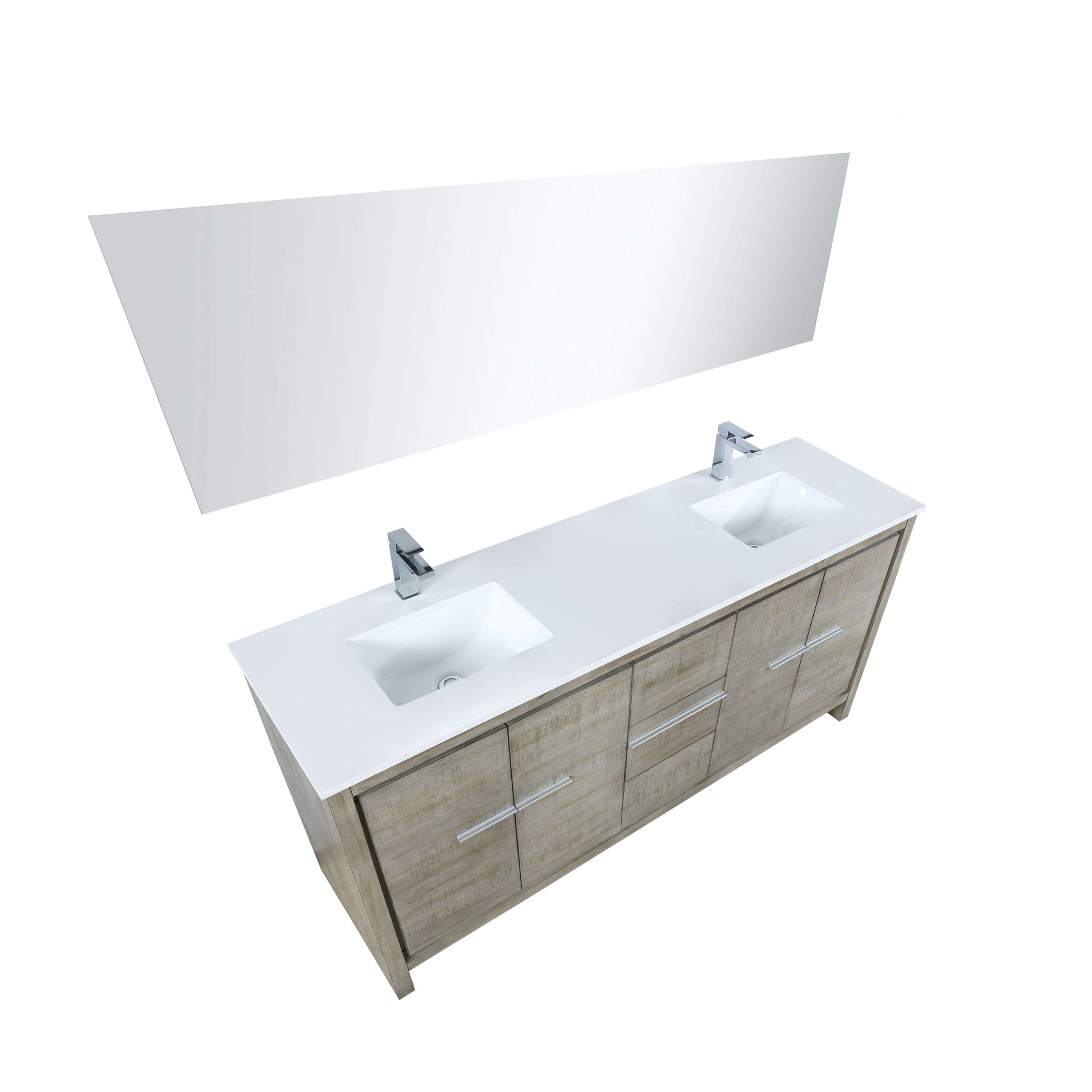 Lafarre 72" Rustic Acacia Double Bathroom Vanity, White Quartz Top, White Square Sinks, Labaro Brushed Nickel Faucet Set, and 70" Frameless Mirror - LLF72DKSODM70FCH