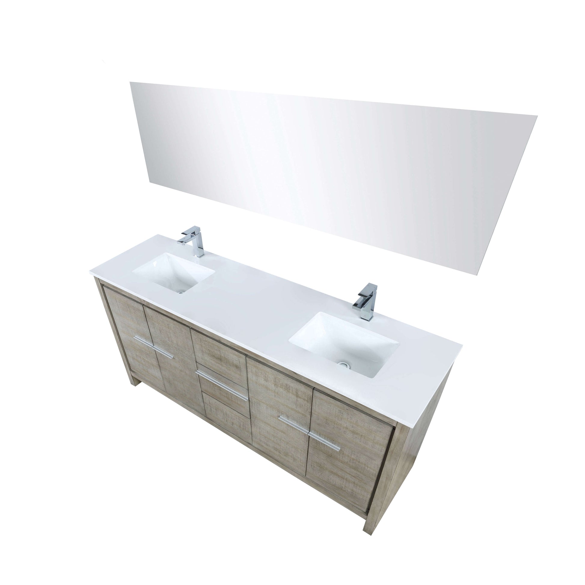 Lafarre 72" Rustic Acacia Double Bathroom Vanity, White Quartz Top, White Square Sinks, Labaro Brushed Nickel Faucet Set, and 70" Frameless Mirror - LLF72DKSODM70FCH